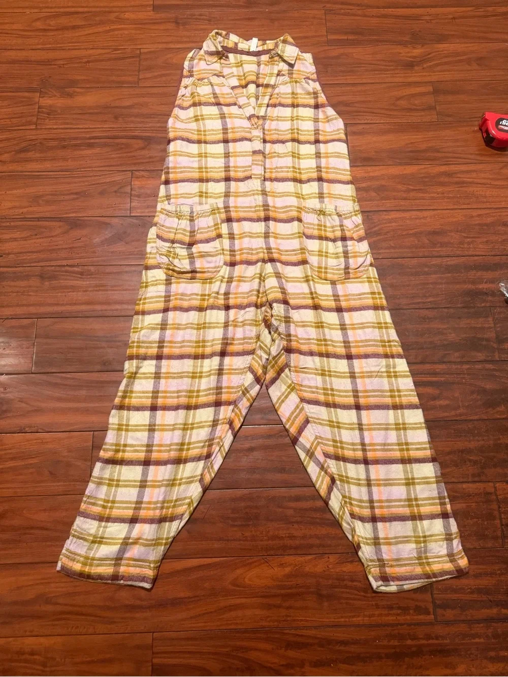 Free People Plaid Sleeveless oversized Jumpsuit in Cream, Pink & Tan - Picture 3 of 13